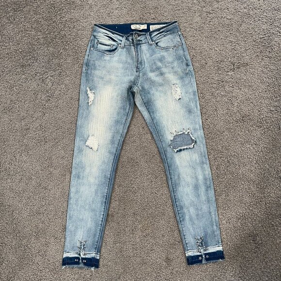 INDIGO REIN Pierced Metal Grunge Distressed Faded Blue Jeans Mid Rise Skinny  28 - Picture 1 of 15